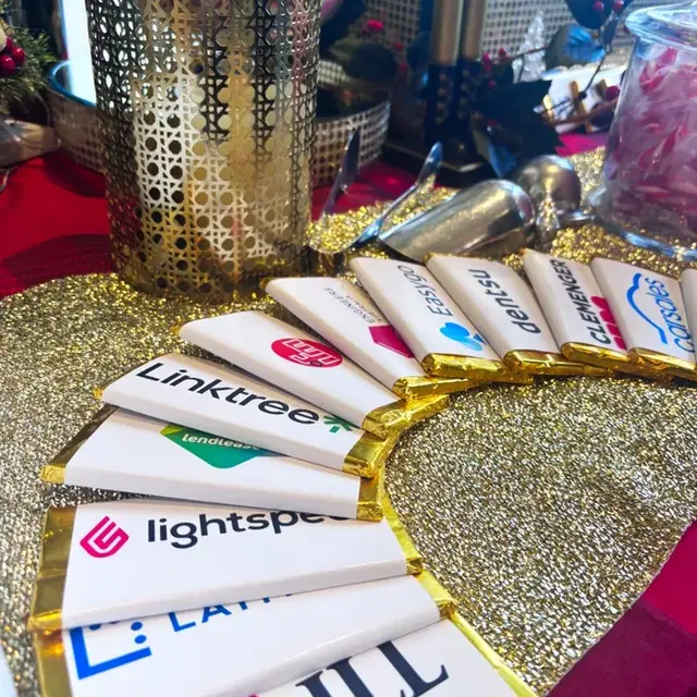 Personalised custom chocolate bars with corporate logo wrappers - personalised chocolate wrappers