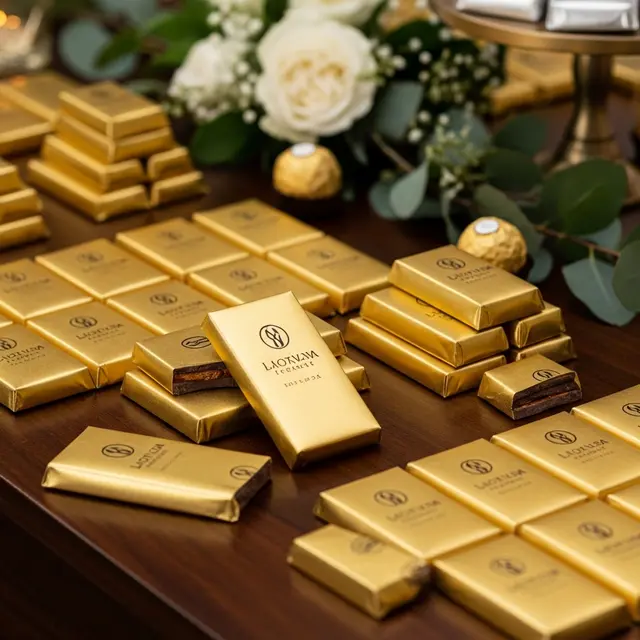Custom chocolate bars styled in a premium event display - personalised chocolate wrappers
