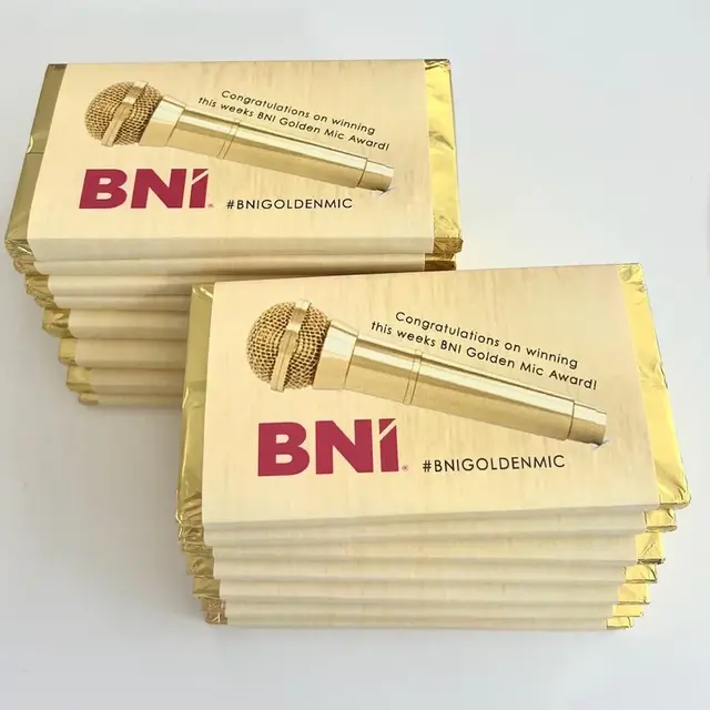 Personalized chocolate bar wrappers created for a BNI award - personalised chocolate wrappers