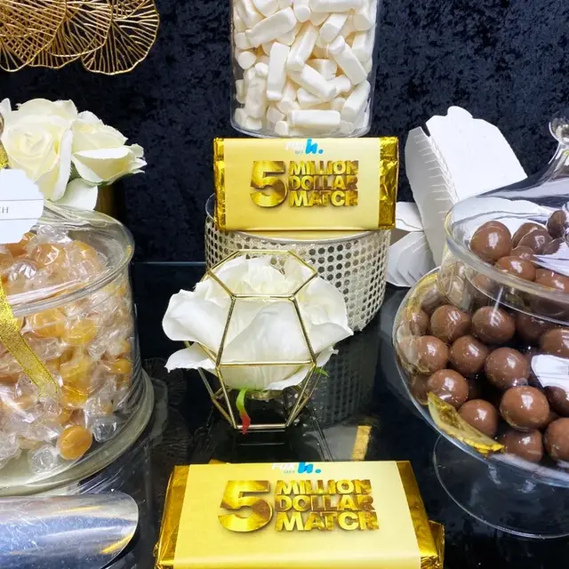 Custom chocolate wrappers with a gold corporate event design - personalised chocolate wrappers